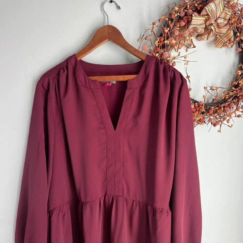 Vince Camuto Women's XXS Solid Long Sleeve Split Neck Tiered Baby Doll Dress - Picture 3 of 11